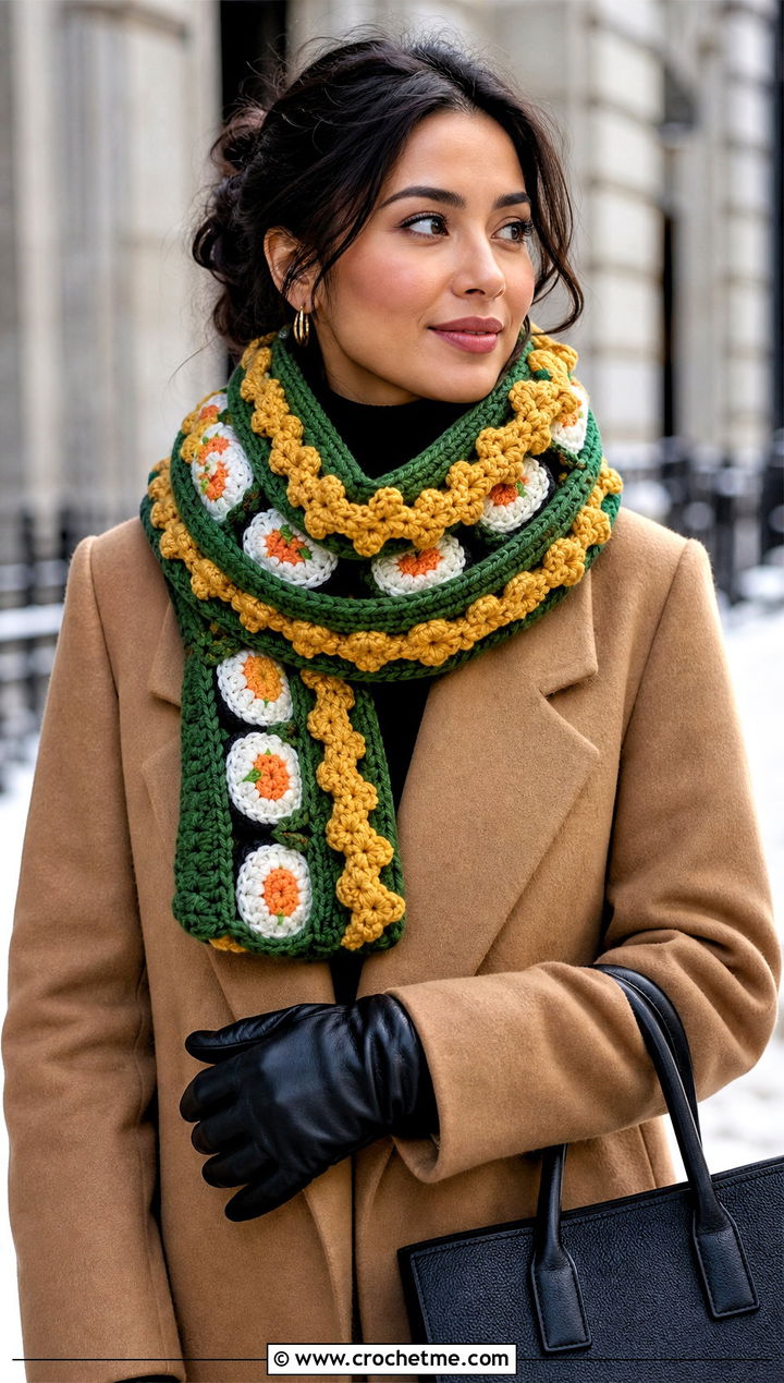 Dragon Roll Crochet Sushi Scarf With Long Wool Coat - 30 crochet sushi scarf outfit ideas