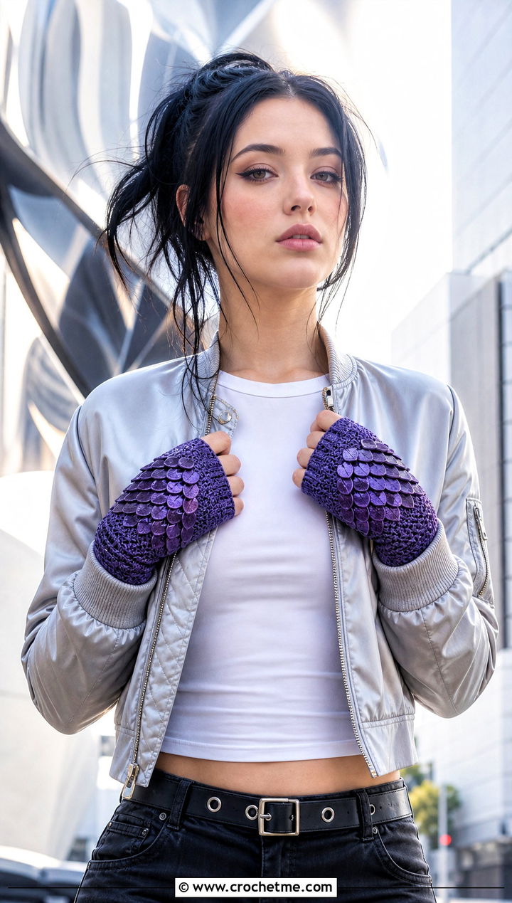 Dragon Scale Crochet Gloves With Bomber Jacket - 35 crochet gloves fingers outfit ideas