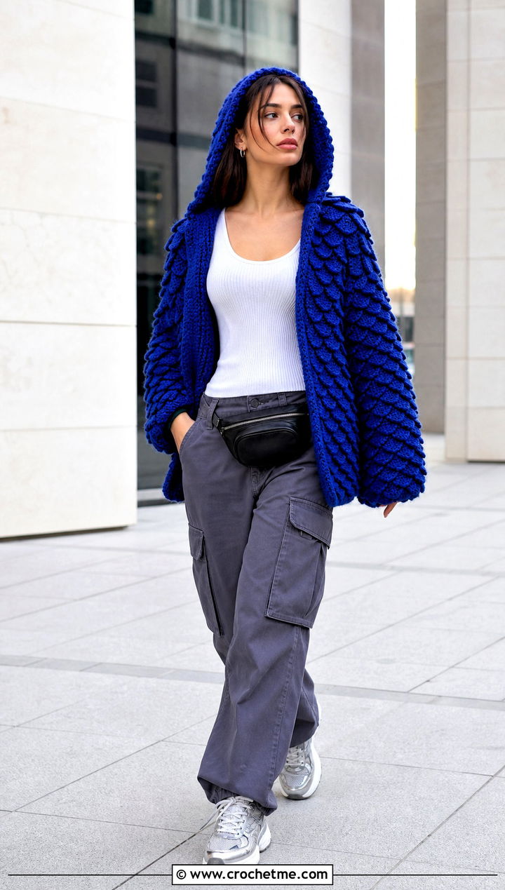 Dragon Scale Crochet Hooded Cardigan With Cargo Pants - 35 fantasy crochet clothes and outfit ideas