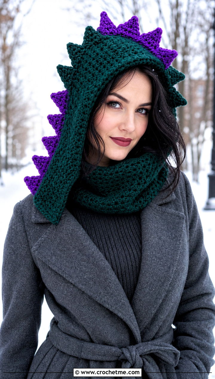 Dragon Spike Crochet Hood With Knit Dress - 25 Weird Crochet Hat outfit ideas