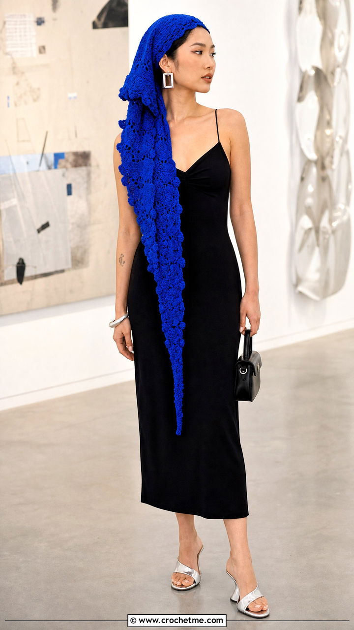 Dragon Tail Crochet Bandana Scarf With Minimal Black Dress - 35 crochet bandana scarf outfit ideas