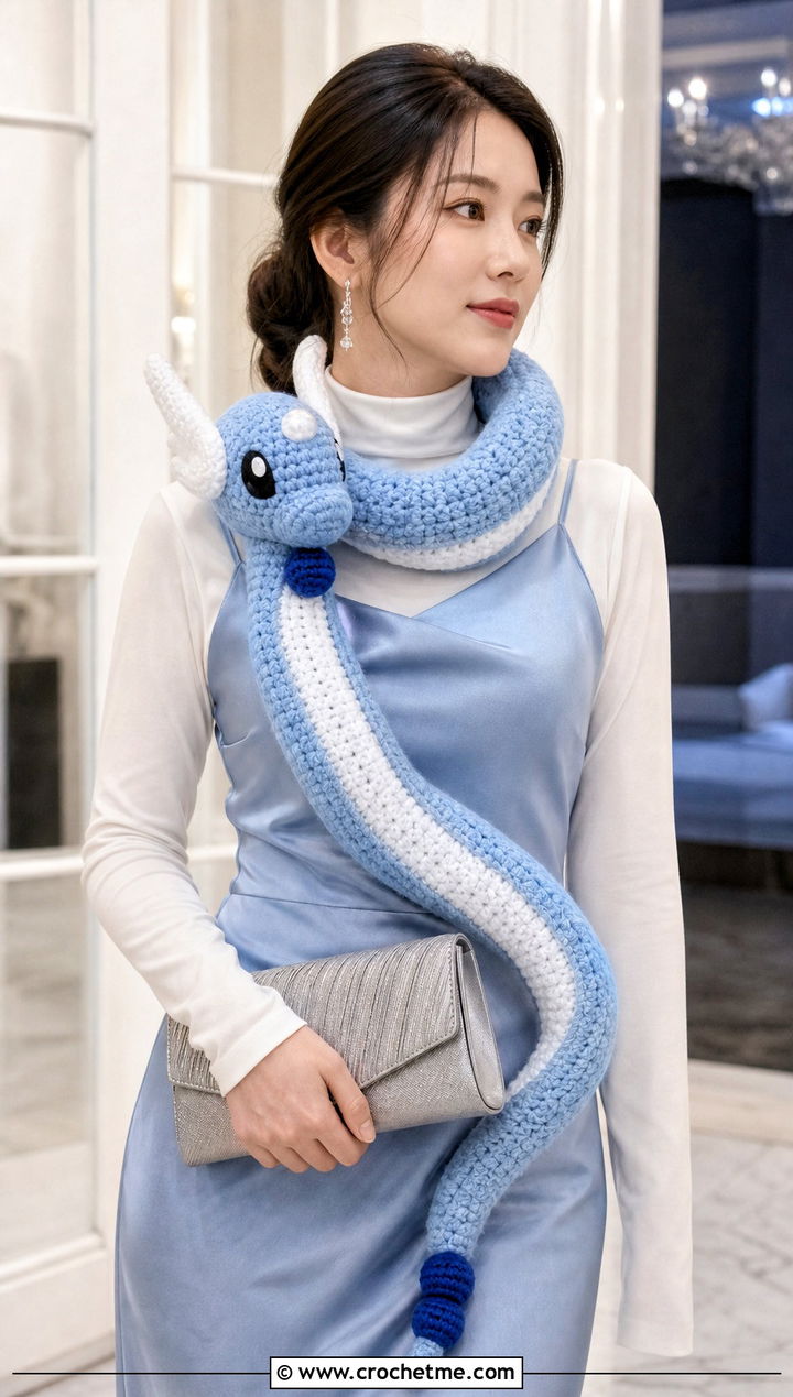 Dragonair Long Scarf With Satin Slip Dress - 25 Crochet Pokemon Scarf outfit ideas