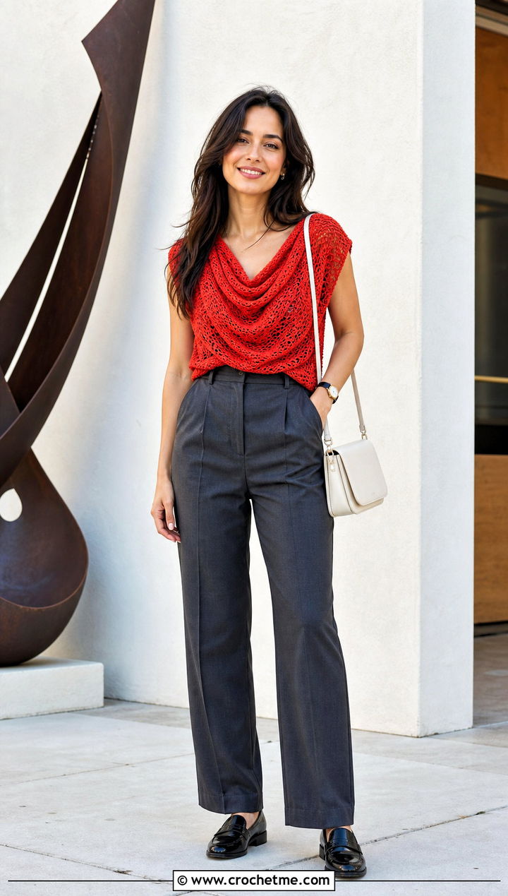 Draped Chain Crochet Blouse With Straight Leg Trousers - 20 Crochet Top With Chain outfit ideas