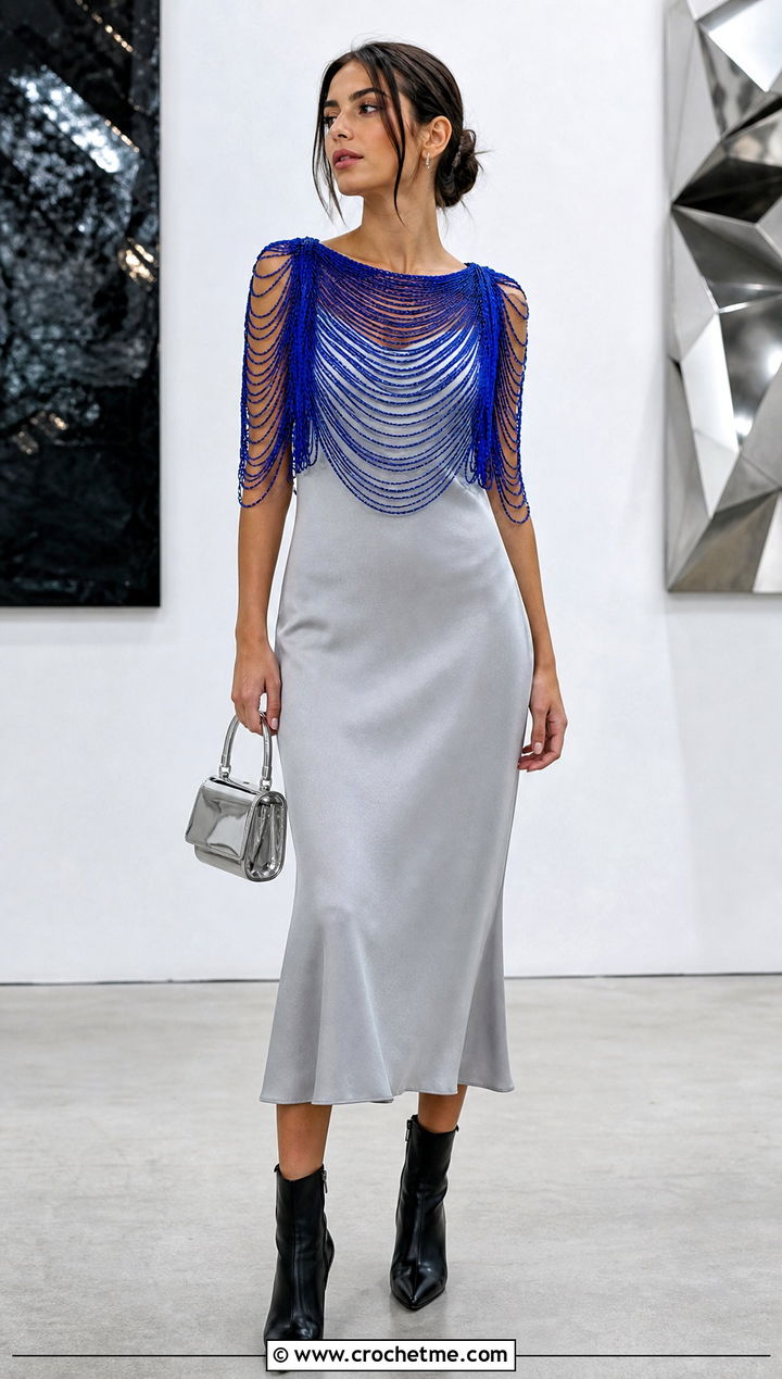 Draped Chain Crochet Top With Slip Dress - 20 Crochet Top With Chain outfit ideas