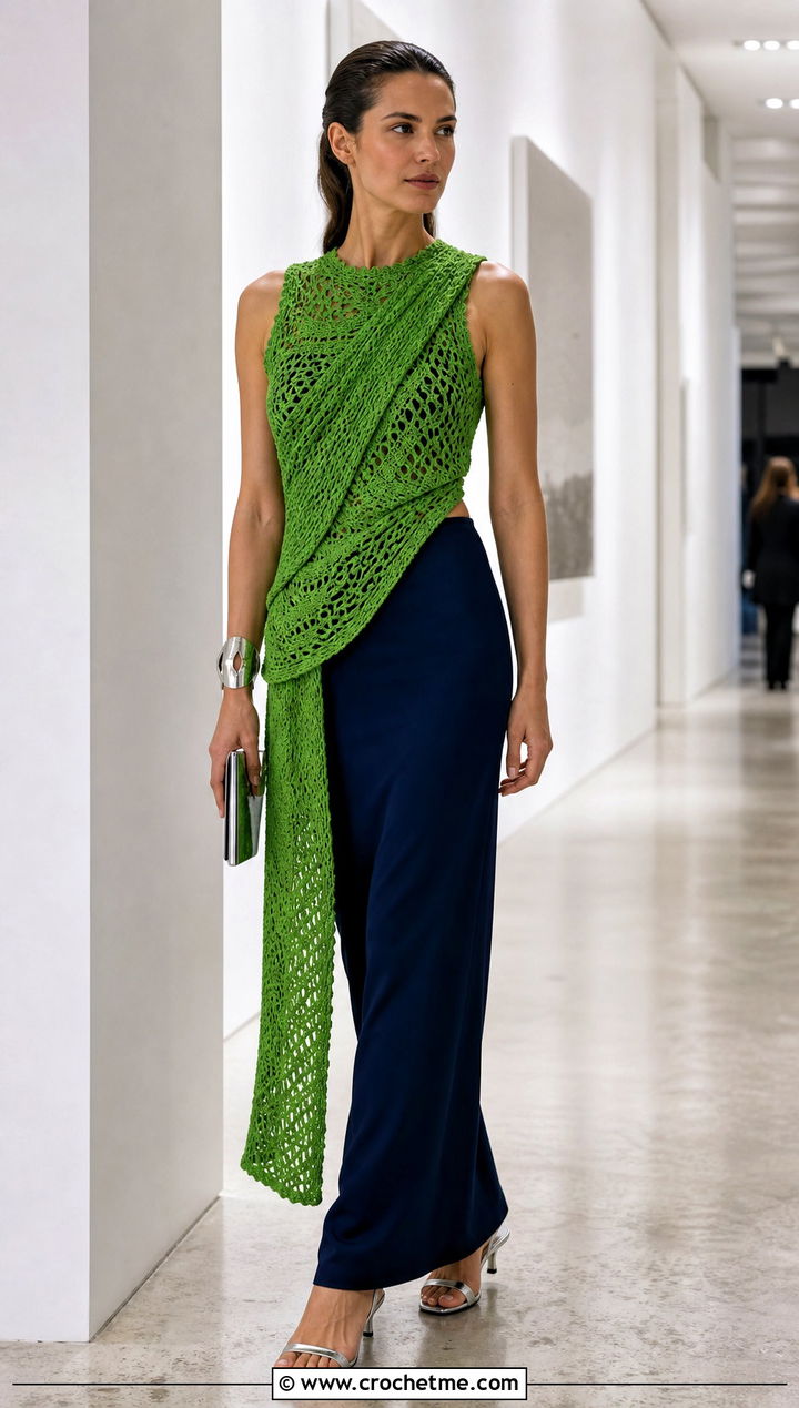 Draped Crochet Asymmetrical Top With Column Maxi Skirt - 25 crochet assymetrical top outfit ideas