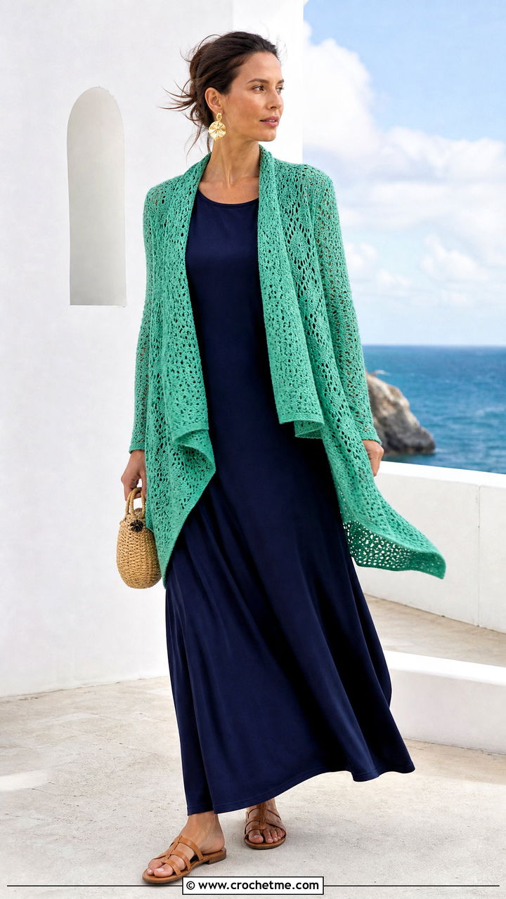 Draped Crochet Blazer With Maxi Dress - 35 crochet blazer outfit ideas