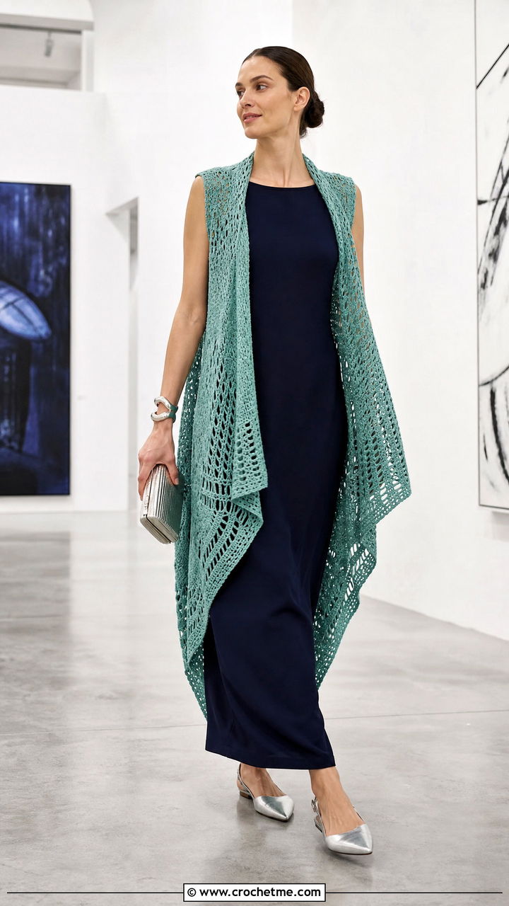 Draped Crochet Circle Vest With Column Dress - 35 crochet circle vest outfit ideas