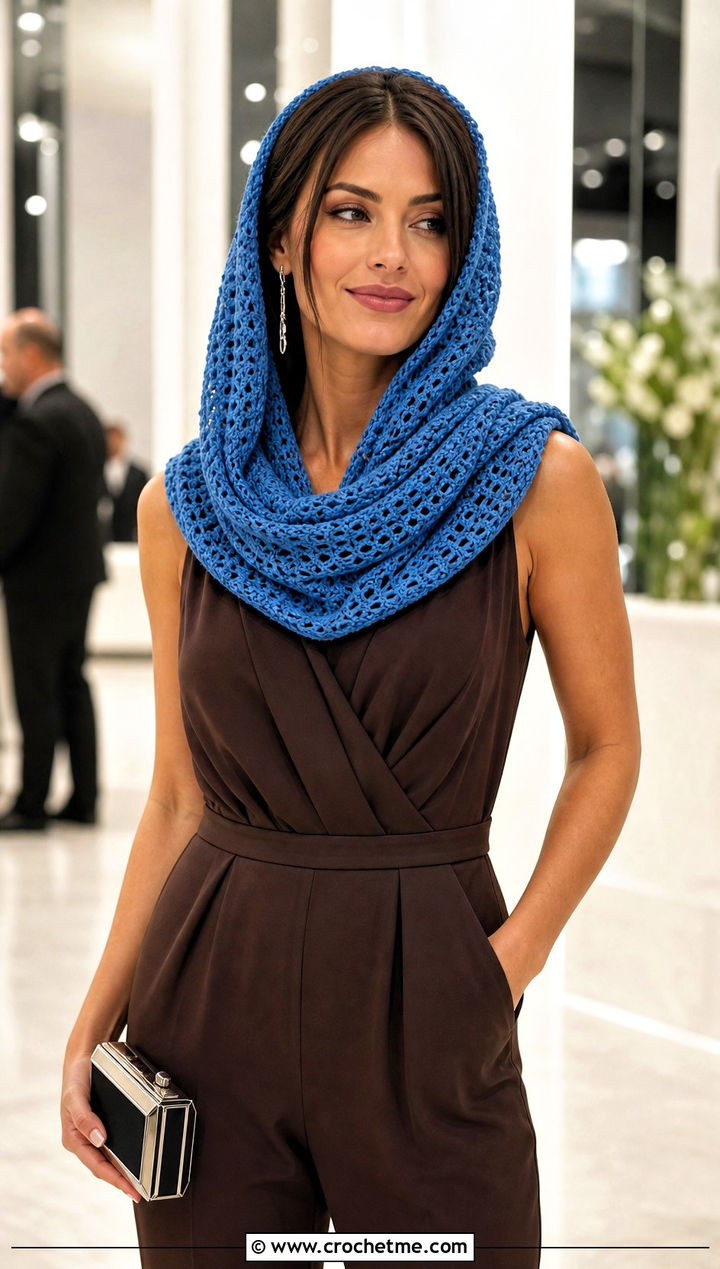 Draped Crochet Hooded Cowl With Evening Jumpsuit - 30 easy crochet hooded cowl outfit ideas