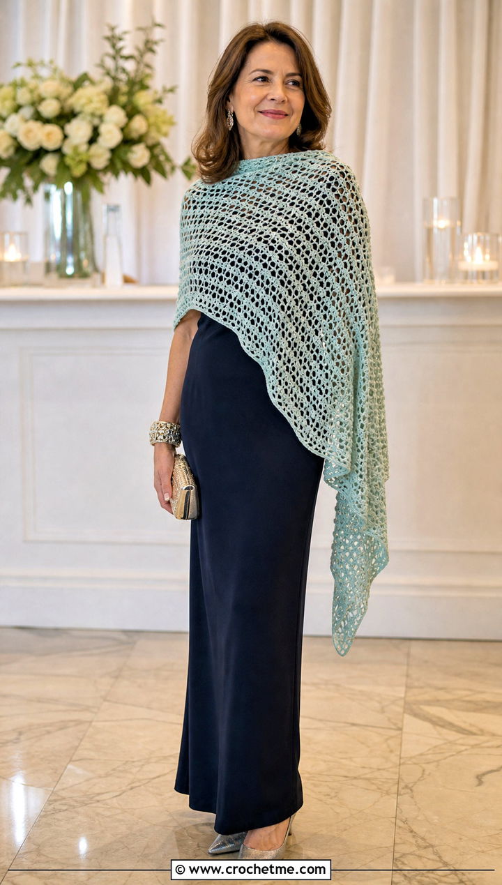 Draped Crochet Poncho With Column Dress - 25 Easy Simple Crochet Poncho outfit ideas