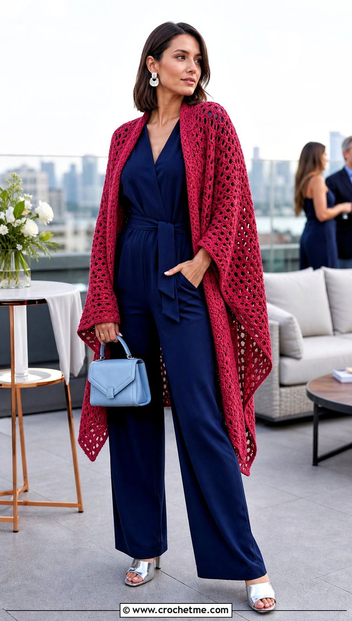 Draped Crochet Ruana With Jumpsuit And Heeled Mules - 15 easy crochet ruana outfit ideas