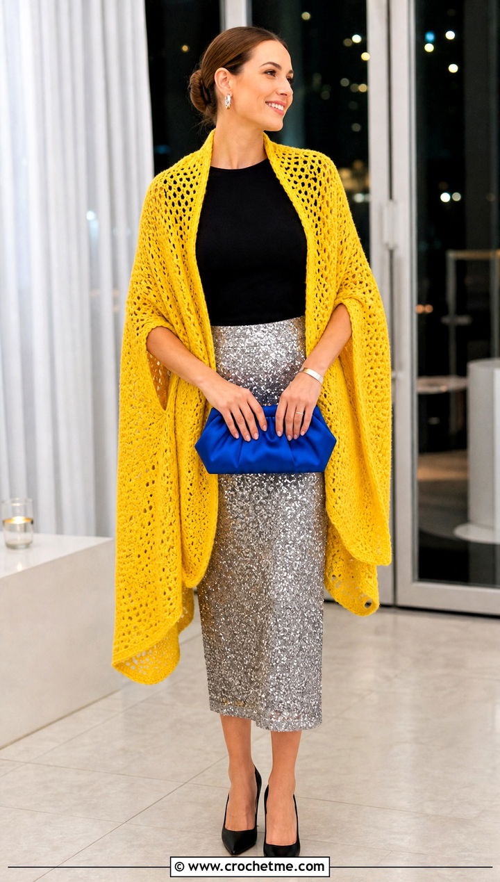 Draped Crochet Shawl With Arm Holes And Sequin Skirt - 30 crochet shawl with arm holes outfit ideas