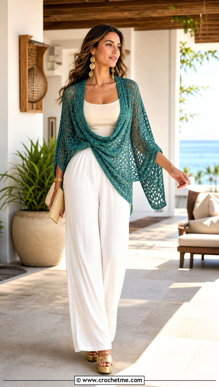 Draped Crochet Shrug With Palazzo Pants - 35 crocheted shrug outfit ideas