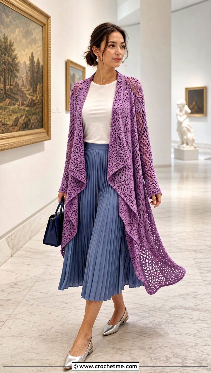 Draped Crochet Waterfall Cardigan With Pleated Midi Skirt - 25 crochet waterfall cardigan outfit ideas