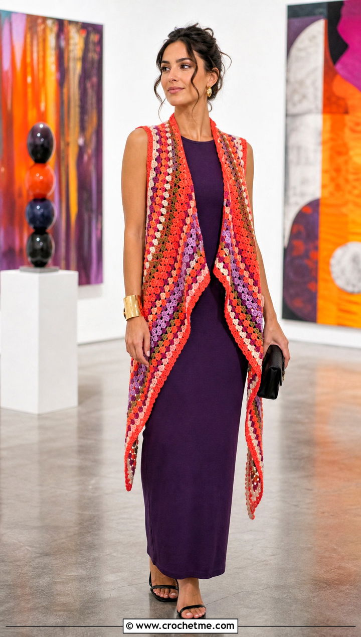 Draped Granny Stripe Crochet Vest With Column Maxi Dress - 15 granny stripe crochet vest outfit ideas