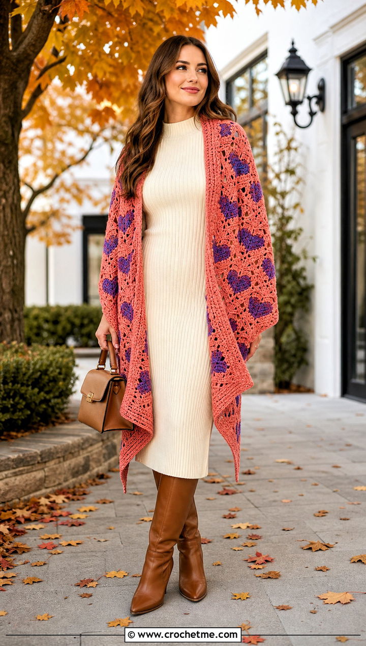 Draped Heart Granny Square Cardigan With Ribbed Midi Dress - 35 Heart Granny Square Cardigan outfit ideas