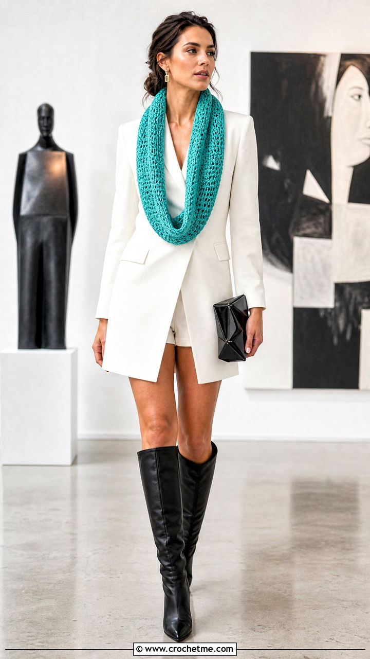 Draped Long Crochet Cowl With Blazer Dress - 35 crochet cowl outfit ideas