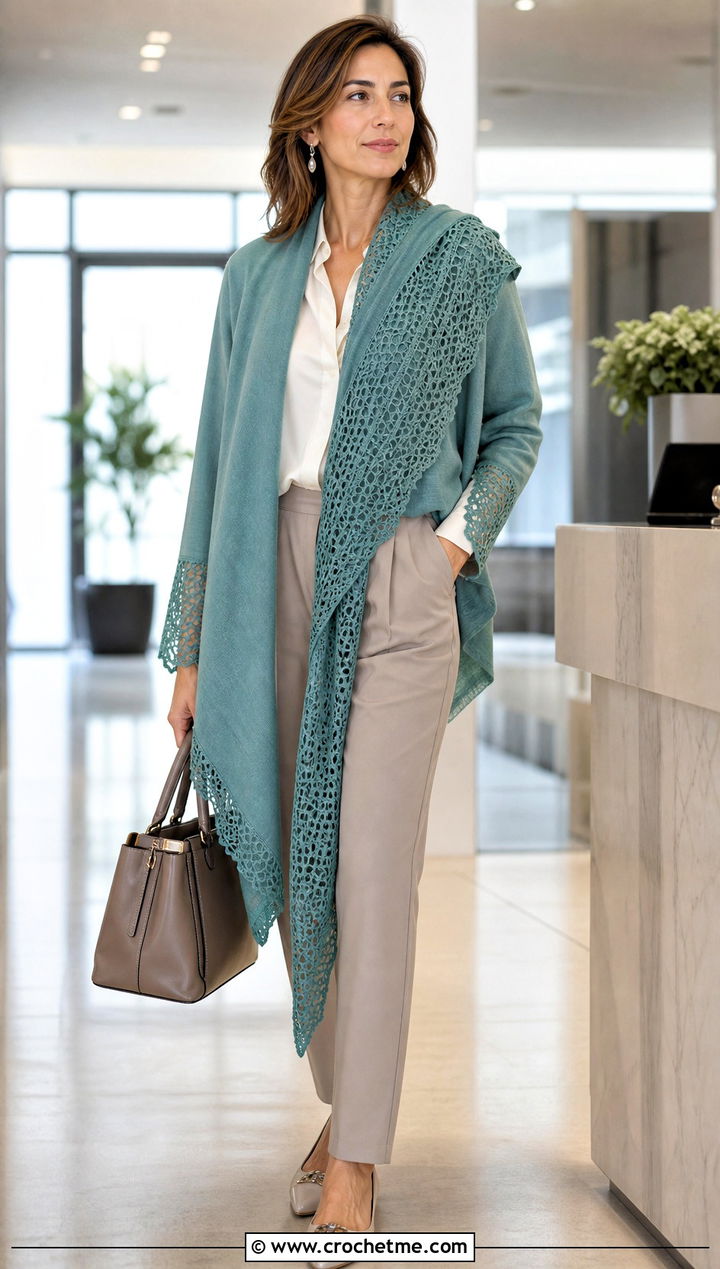 Draped Shawl Scarf With Pleated Trousers - 25 crochet double sleeve scarf outfit ideas