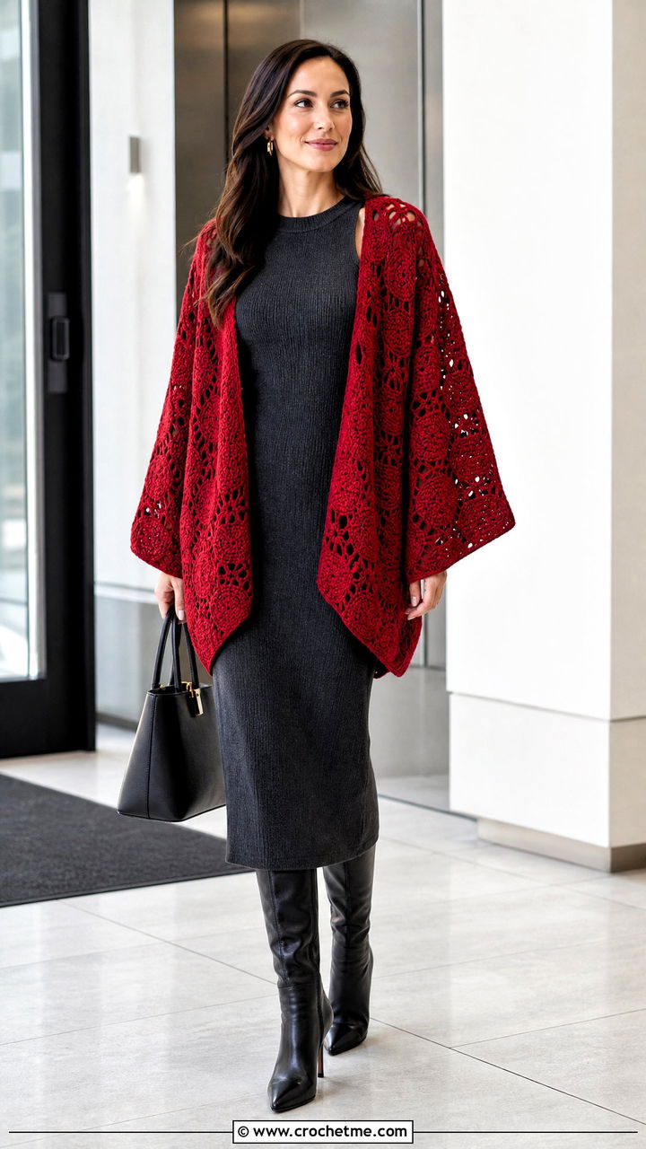 Draped Sleeve Hexagon Cardigan With Knit Dress - 35 crochet hexagon sweater outfit ideas