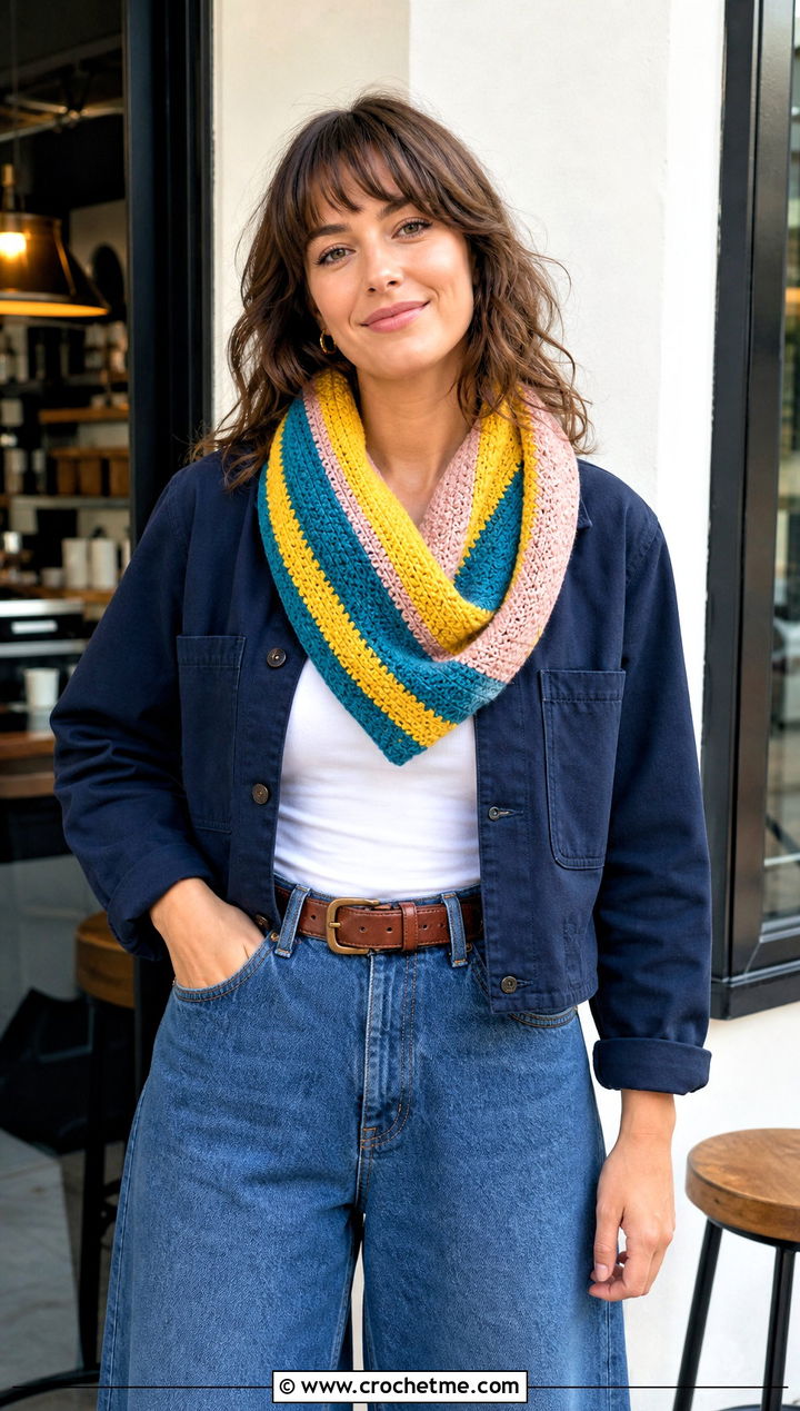 Draped Striped Crochet Cowl With Wide Leg Jeans - 15 striped crochet cowl outfit ideas