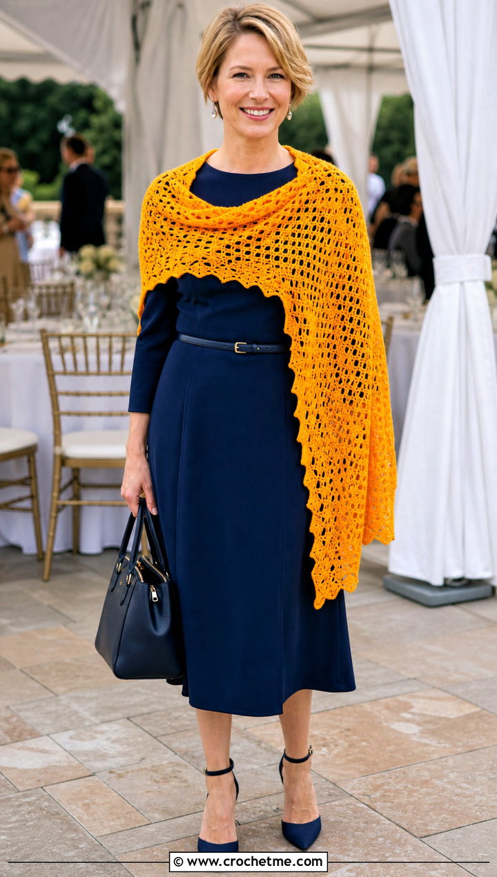 Draped Virus Shawl With Belted Dress - 35 crochet virus shawl outfit ideas