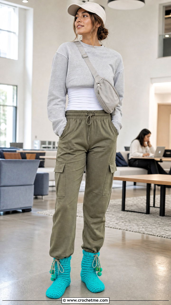 Drawstring Bed Socks With Cargo Lounge Pants - 35 crochet bed socks outfit ideas
