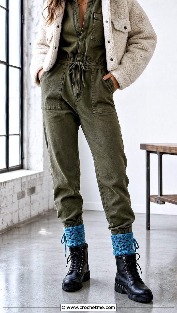 Drawstring Boot Crochet Winter Socks With Utility Jumpsuit - 30 crochet winter socks outfit ideas