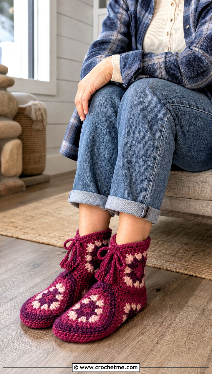Drawstring Bootie Granny Square Slipper Socks With Jeans And A Flannel Shirt - 15 Granny Square Slipper Socks outfit ideas