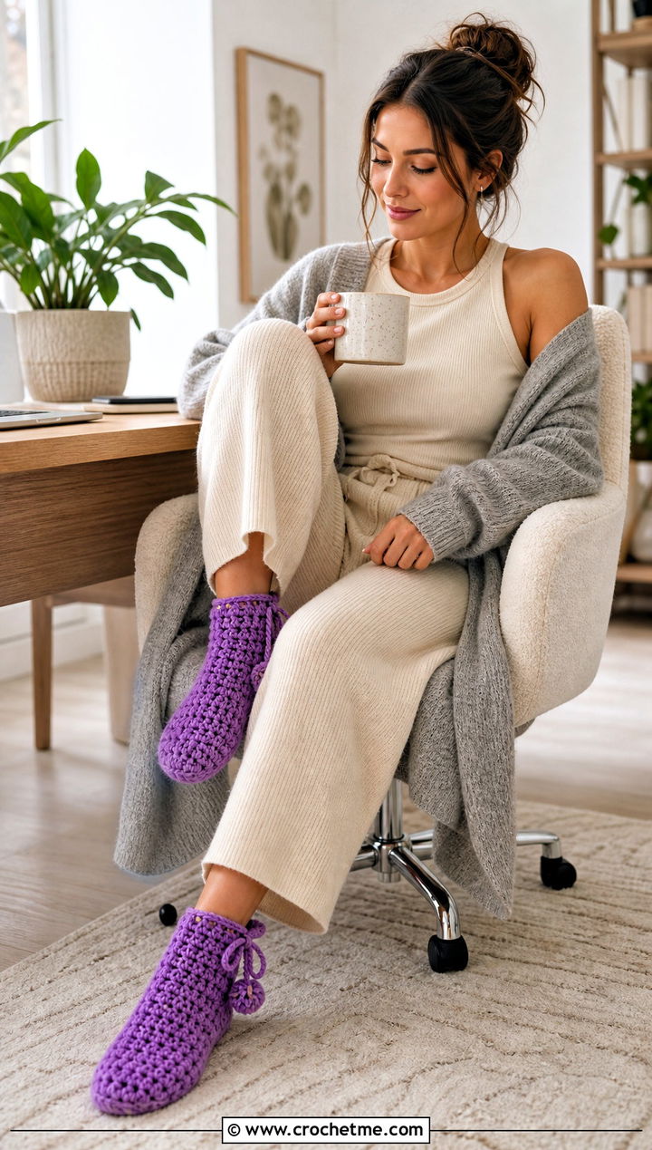 Drawstring Chunky Crochet Slipper Socks With Cardigan Set - 25 Chunky Crochet Socks outfit ideas