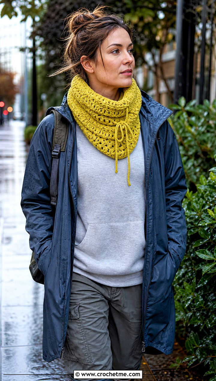 Drawstring Cowl Neck Crochet Scarf With Raincoat - 25 Cowl Neck Crochet Scarf outfit ideas