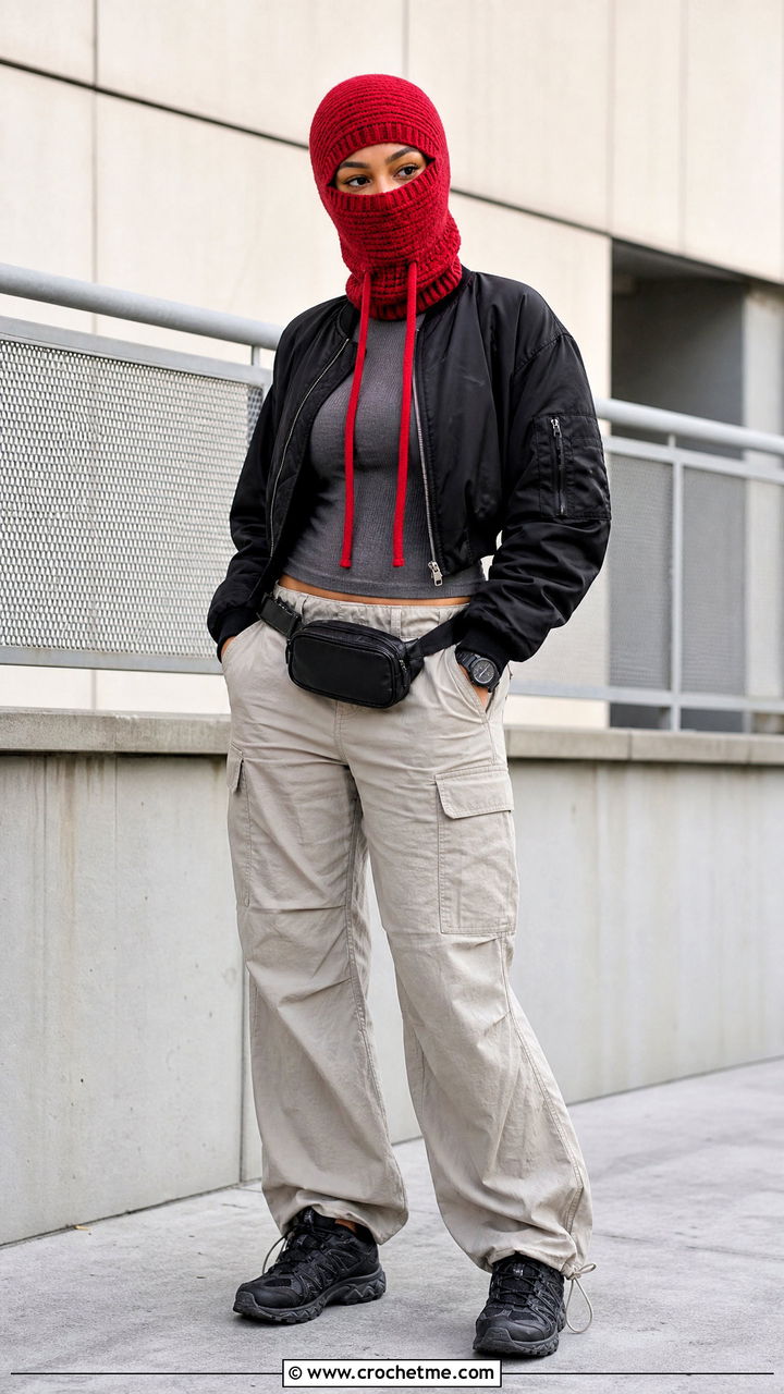 Drawstring Crochet Balaclava With Cargo Pants - 35 crochet baclava hat outfit ideas