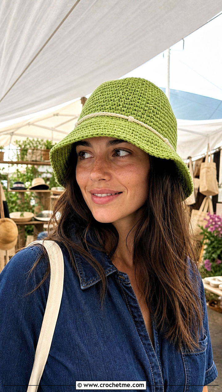 Drawstring Crochet Bucket Hat With Denim Dress - 25 crochet hat for beginners outfit ideas