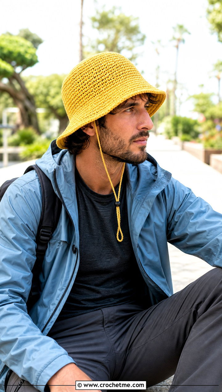 Drawstring Crochet Bucket Hat With Rain Jacket And Hiking Pants - 30 crochet bucket hat men outfit ideas