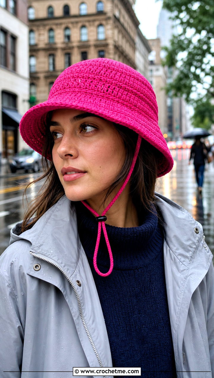 Drawstring Crochet Bucket Hat With Raincoat - 35 crochet winter bucket hat outfit ideas