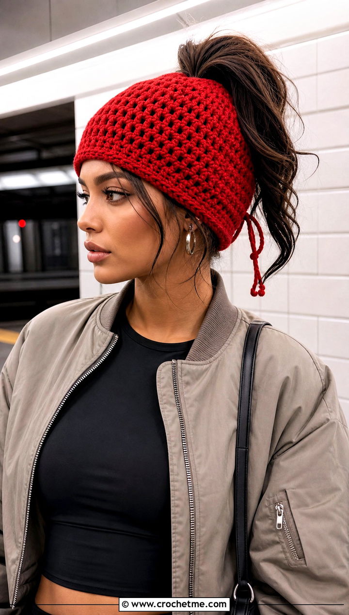 Drawstring Crochet Bun Beanie With Cargo Pants - 15 Crochet Bun Hats outfit ideas