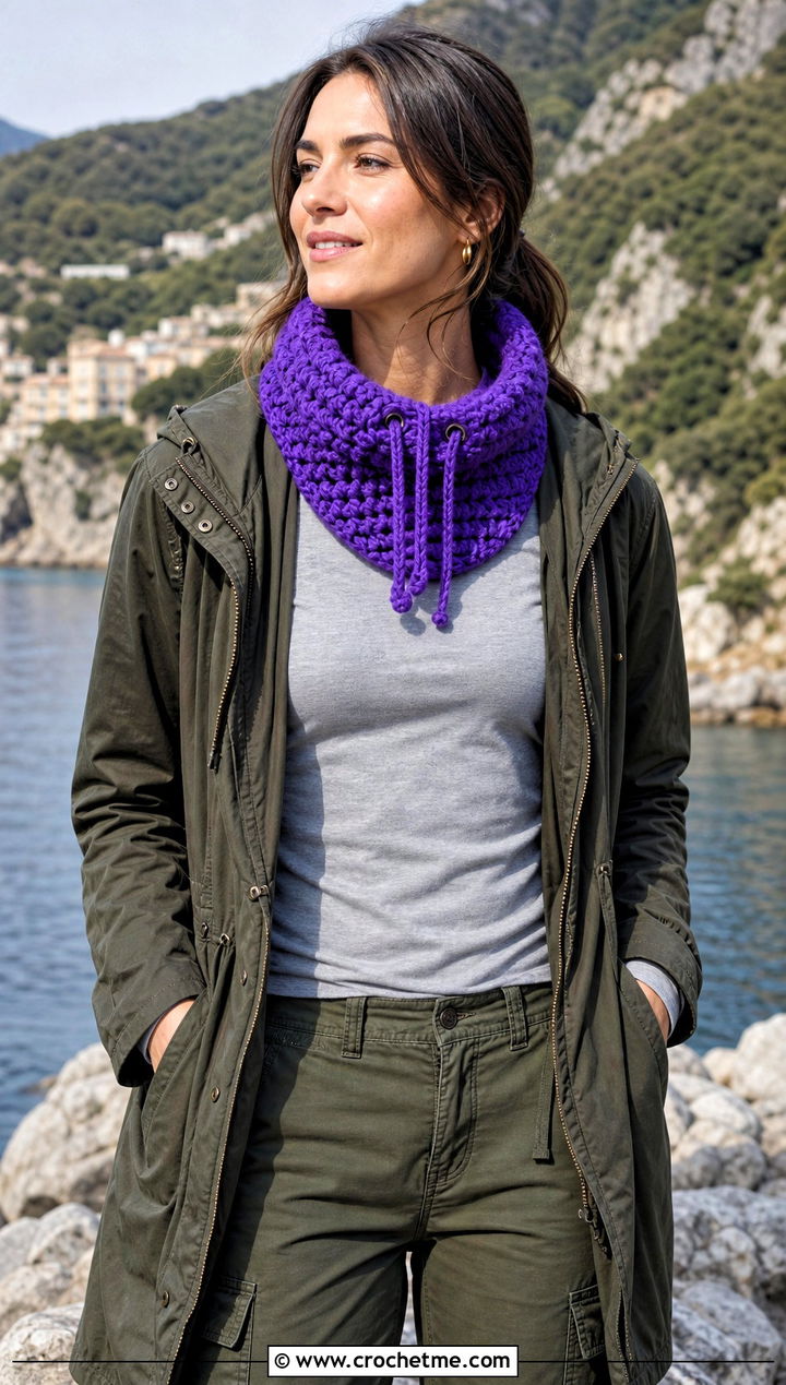 Drawstring Crochet Chunky Cowl With Anorak - 30 crochet chunky cowl outfit ideas