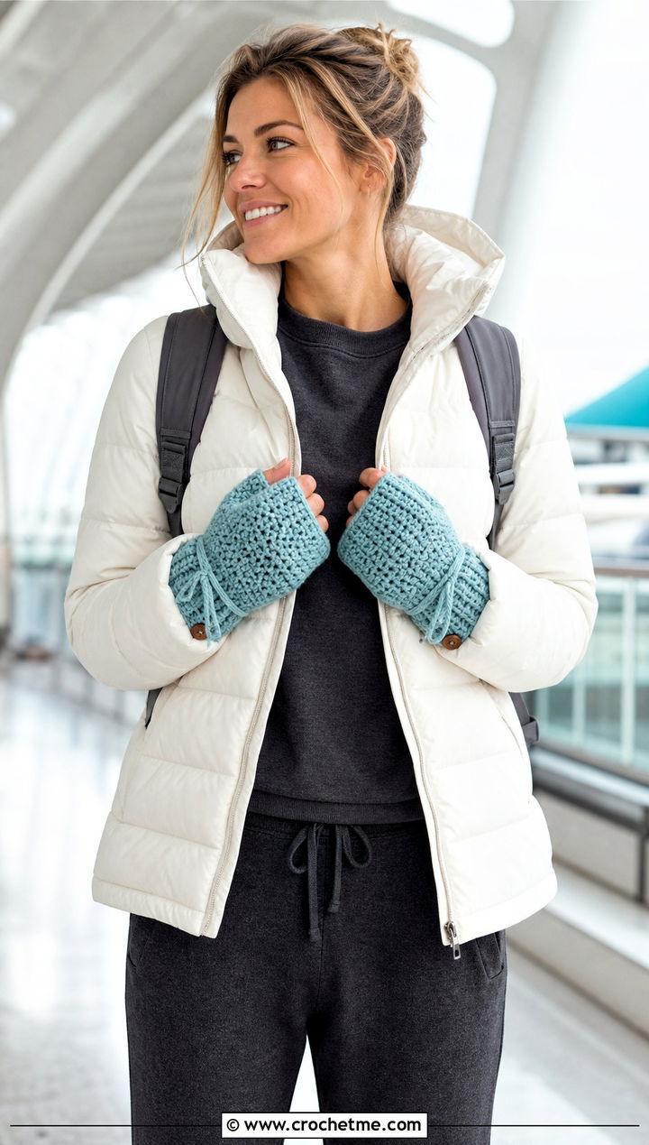 Drawstring Crochet Convertible Mittens With Puffer Coat - 25 Crochet Convertible Mittens outfit ideas