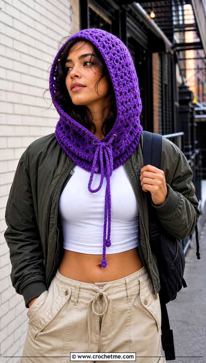 Drawstring Crochet Cowl Hood With Cargo Pants - 25 crochet cowl hood outfit ideas