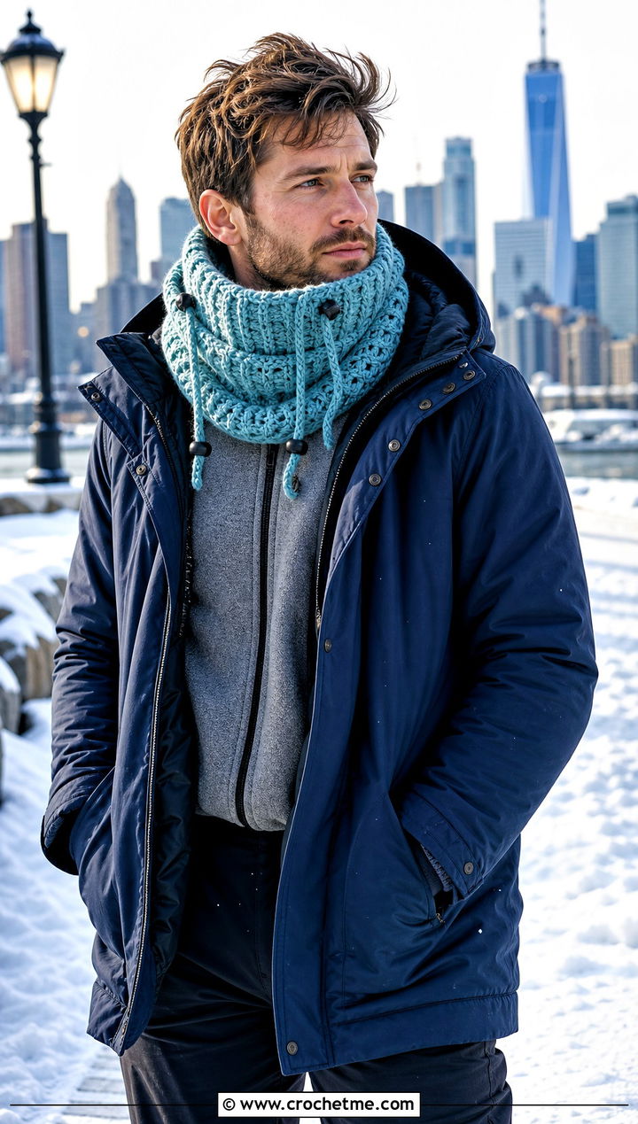 Drawstring Crochet Cowl With Parka - 30 crochet cowl for men outfit ideas