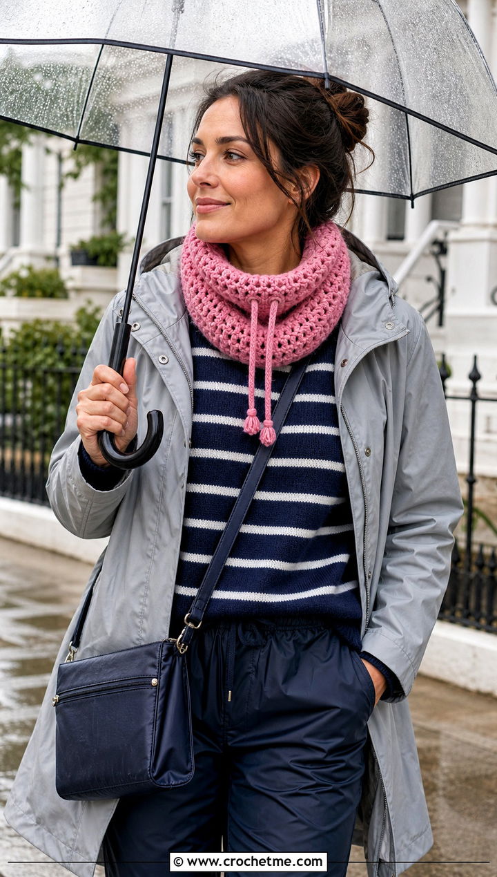 Drawstring Crochet Cowl With Raincoat And Waterproof Boots - 35 crochet neck warmer cowls outfit ideas