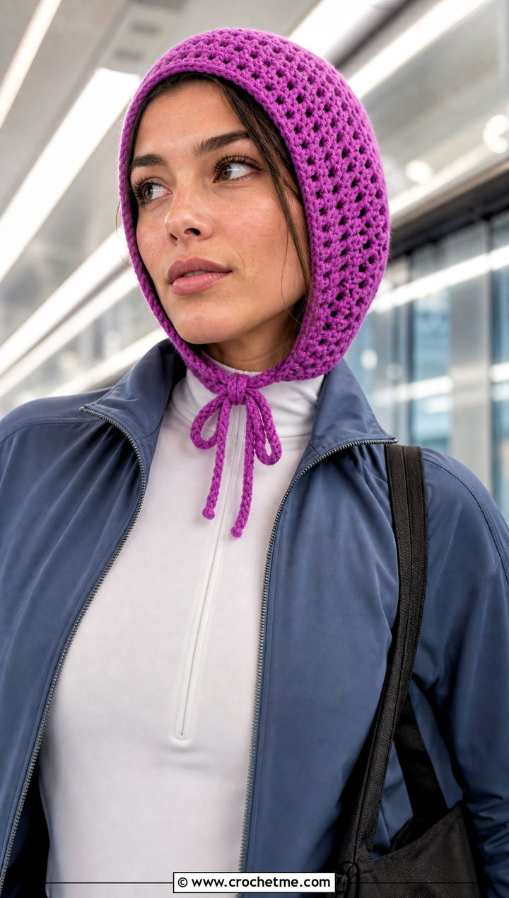 Drawstring Crochet Hood Hat With Track Pants - 25 crochet hood hat outfit ideas