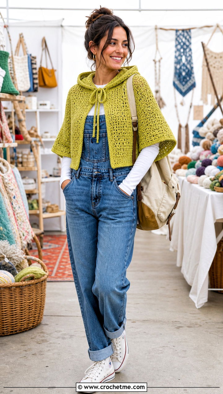 Drawstring Crochet Hooded Cape With Denim Overalls - 35 crochet hooded cape outfit ideas
