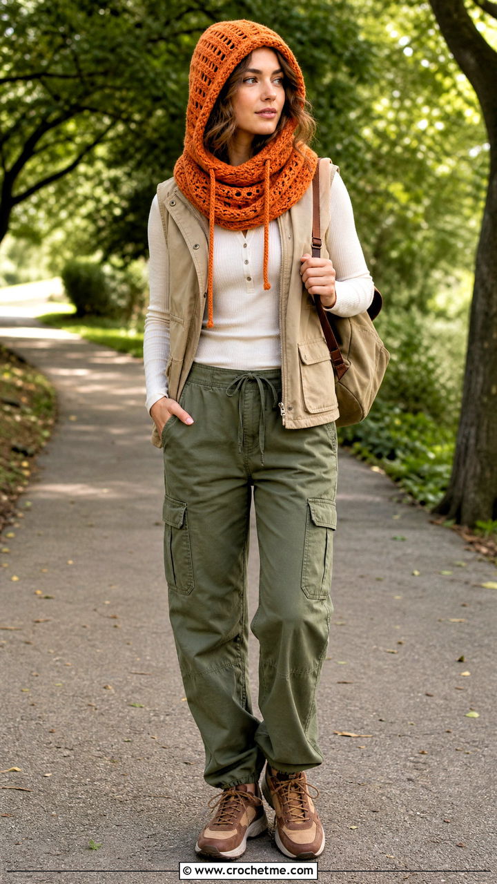 Drawstring Crochet Hooded Cowl With Cargo Pants - 35 crochet hooded cowl outfit ideas