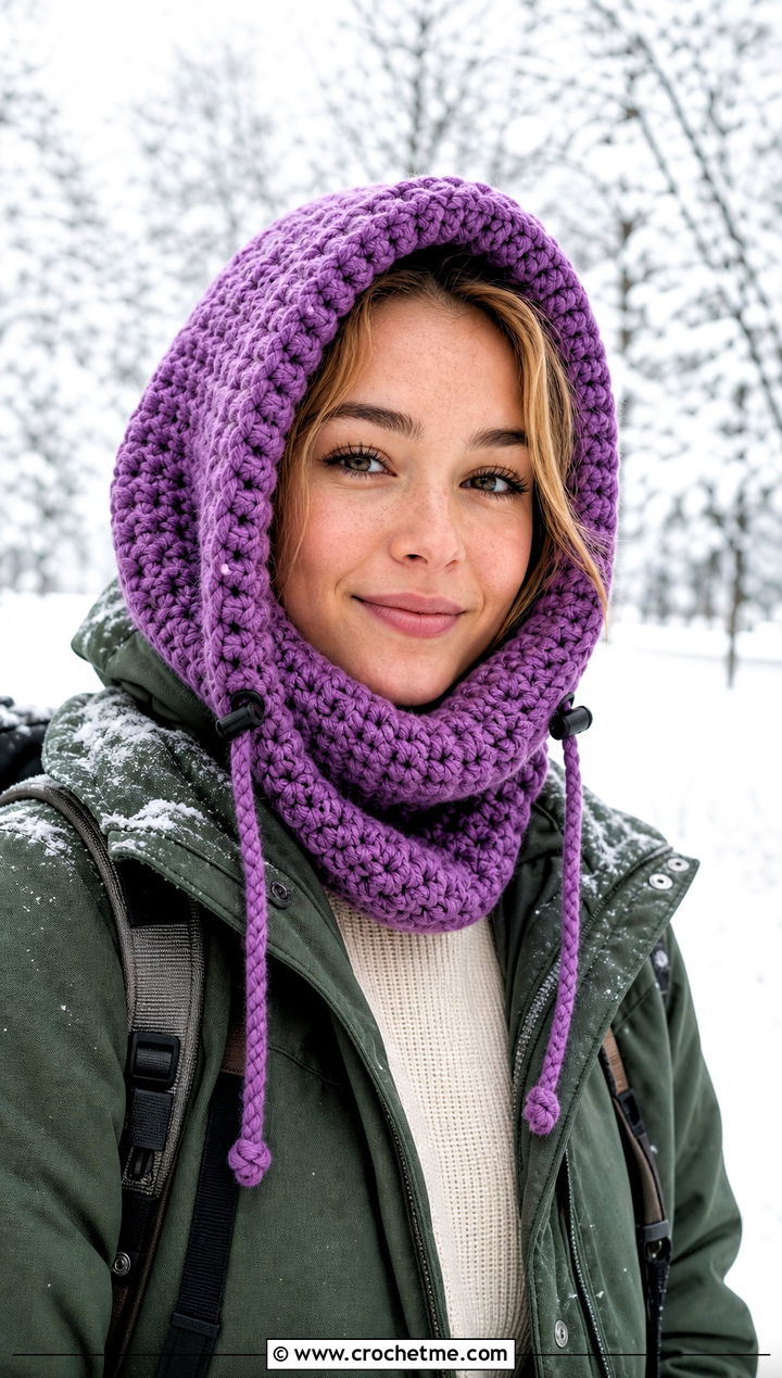 Drawstring Crochet Hooded Cowl With Parka - 30 easy crochet hooded cowl outfit ideas