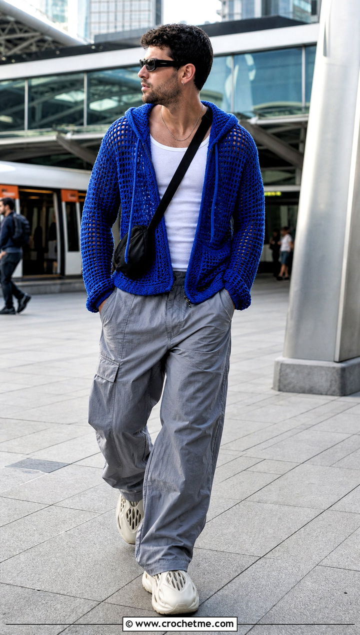 Drawstring Crochet Hoodie With Parachute Pants - 35 crochet hoodie for men outfit ideas