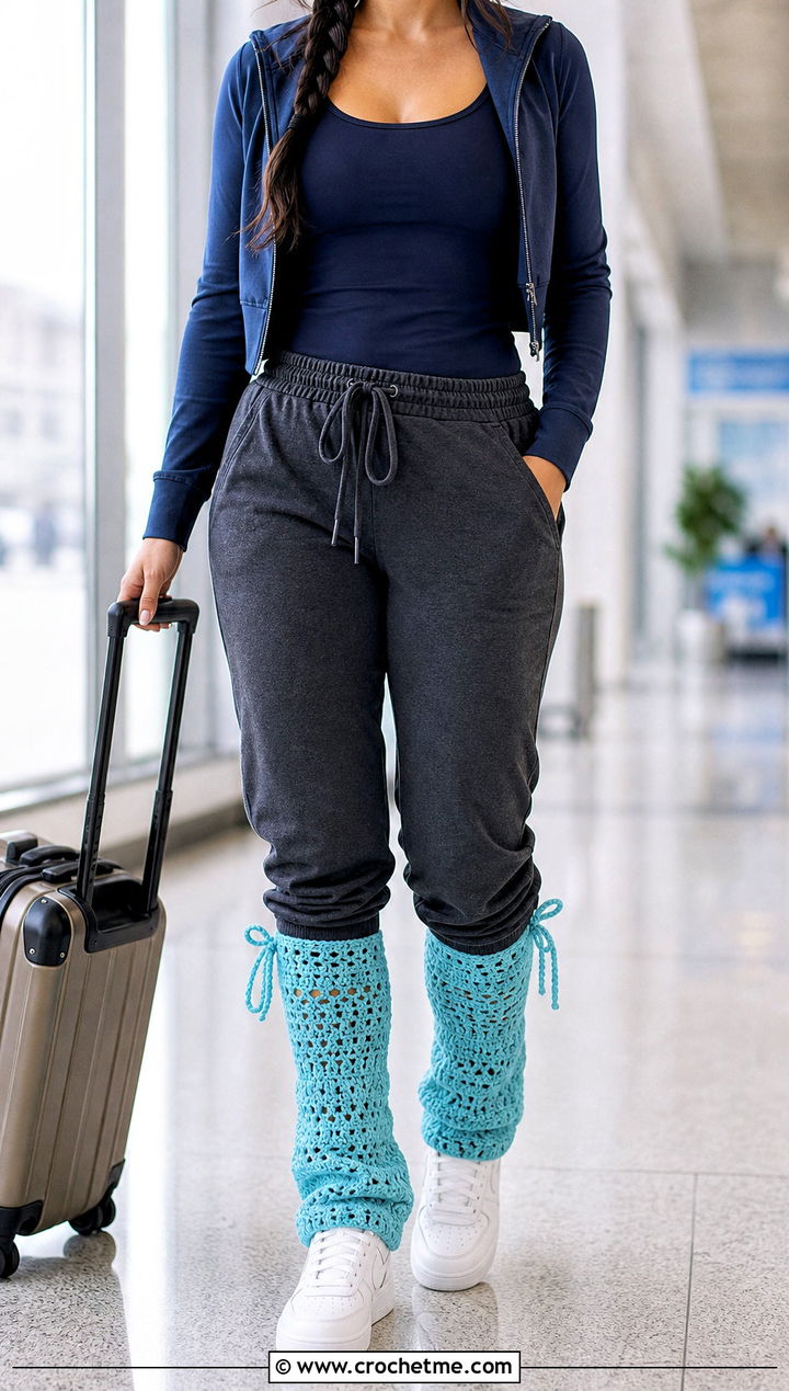 Drawstring Crochet Leg Warmers With Joggers - 30 aesthetic crochet leg warmers outfit ideas