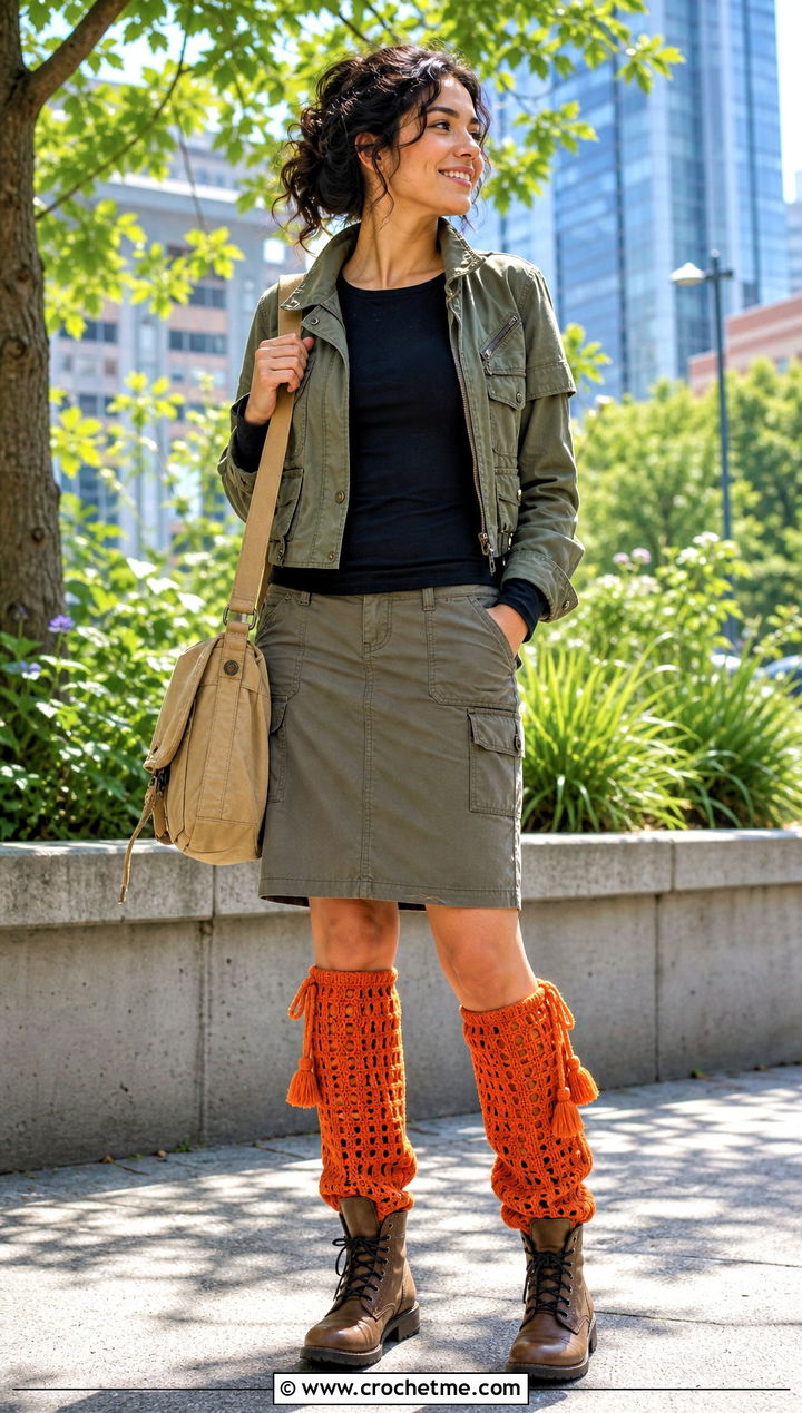 Drawstring Crochet Leg Warmers With Utility Skirt - 35 Easy Crochet Leg Warmers outfit ideas