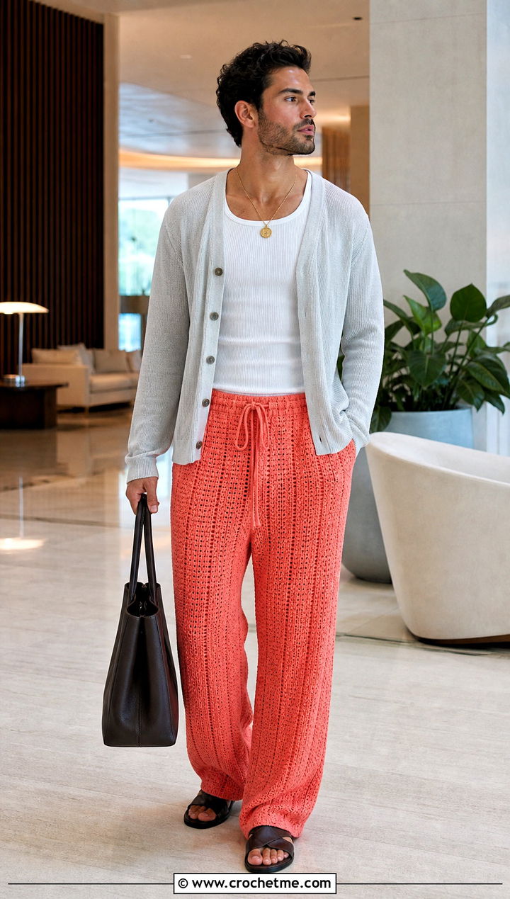 Drawstring Crochet Lounge Pants With Cardigan - 30 mens crochet pants outfit ideas