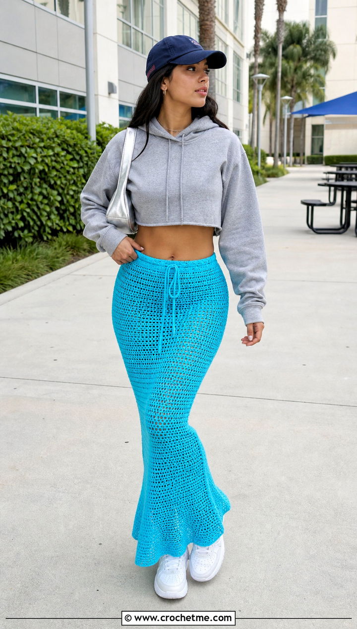 Drawstring Crochet Mermaid Skirt With Cropped Hoodie - 35 crochet mermaid skirt outfit ideas
