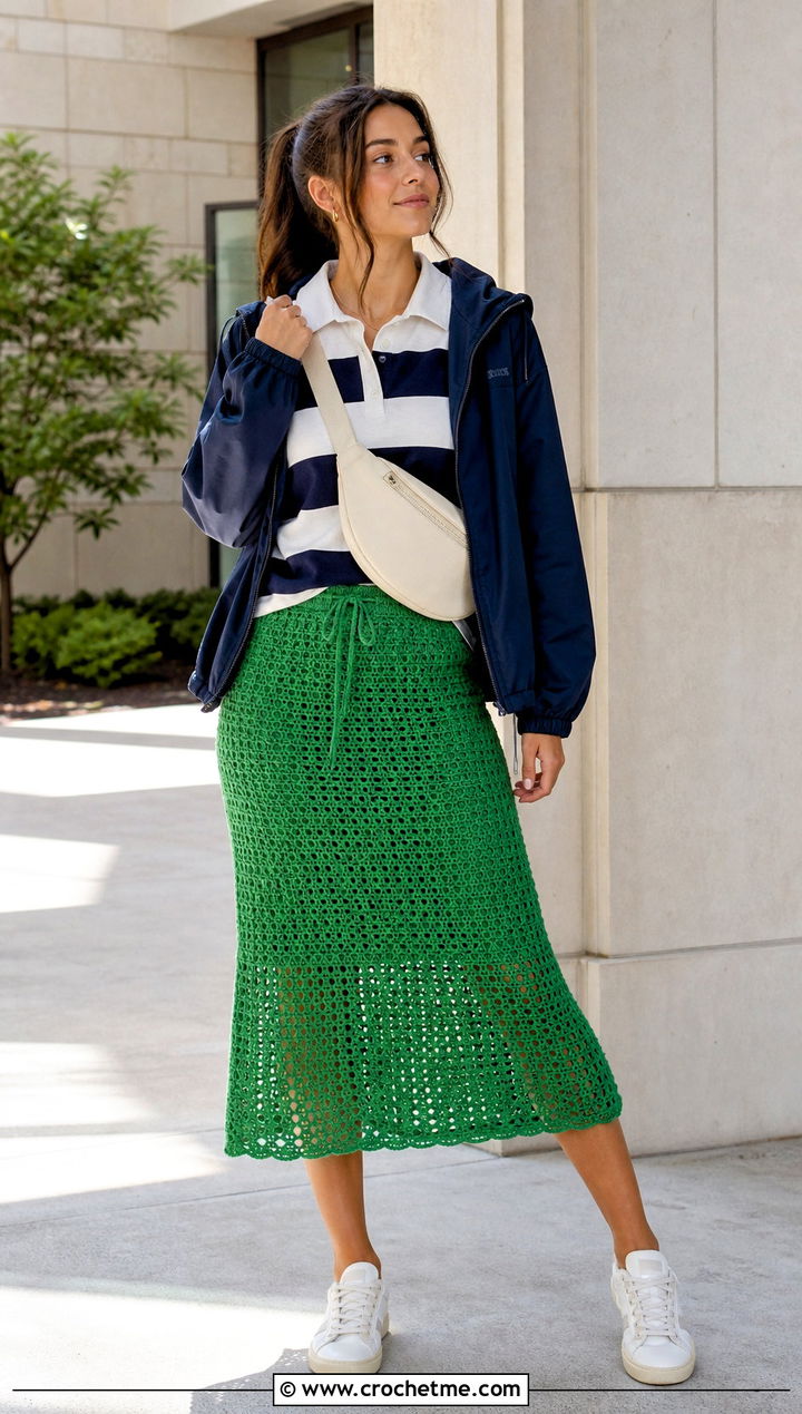 Drawstring Crochet Midi Skirt With Rugby Shirt - 25 Simple Crochet Skirt outfit ideas