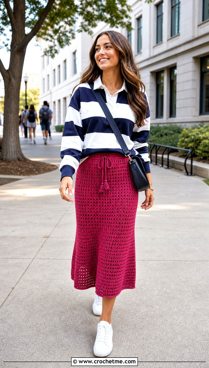 Drawstring Crochet Midi Skirt With Rugby Shirt - 25 Beginner Crochet Skirt outfit ideas